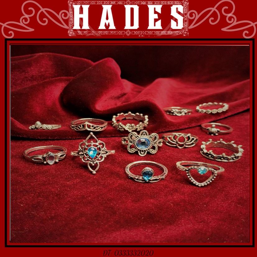 [Xả kho] Nhẫn set 13 chiếc - midi rings phụ kiện trang sức phong cách bohomian vintage đại dương xanh Hades.js