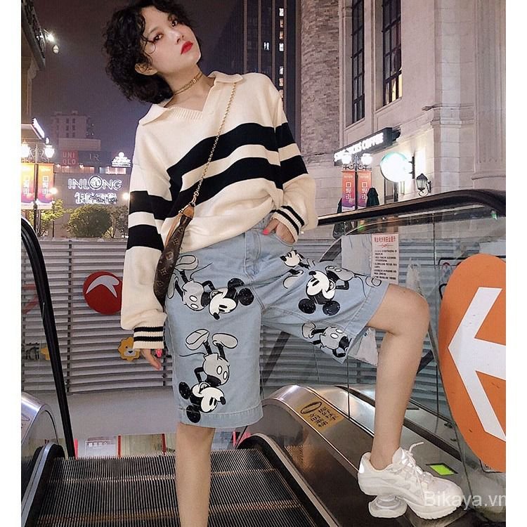 Summer Korean Style Cartoon Printed Mickey Denim Shorts Couple Loose High Waist Straight Wide Leg Cropped Pants for Men and Women