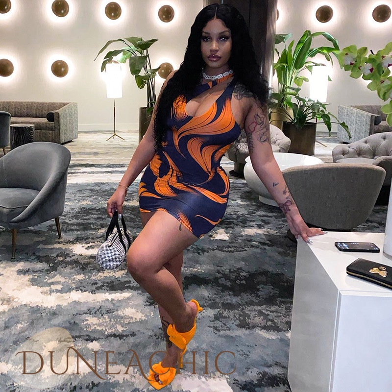 DUNEA Đầm Dáng Ôm Trễ Vai In Họa Tiết Thời Trang Cho Nữ