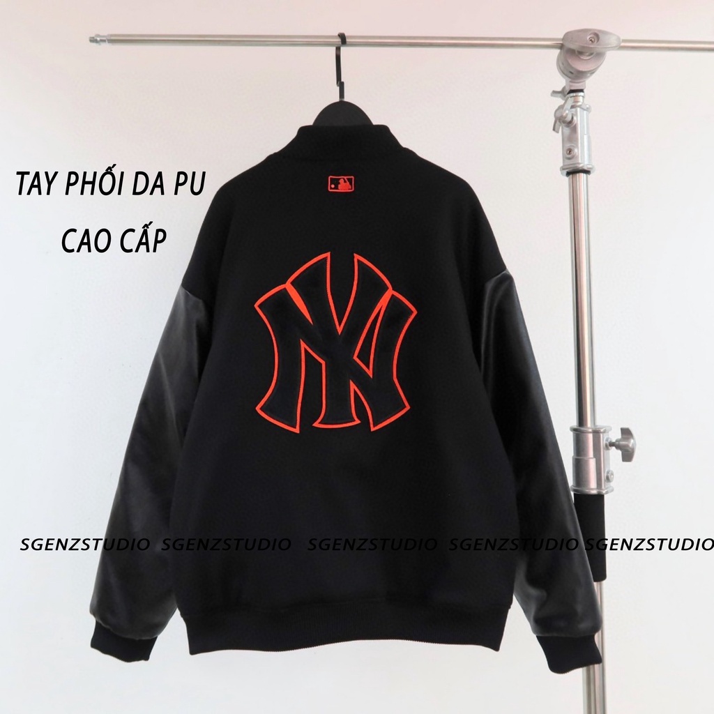 Áo varsity jacket M.L.B NY dạ dày dặn phối tay da,Áo bomber dạ form rộng nam nữ