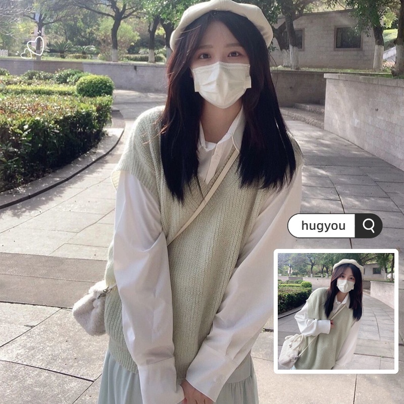 Bộ Áo Sơ Mi + Áo Vest Dệt Kim Thiết Kế Mới Trẻ Trung Cho Nữ