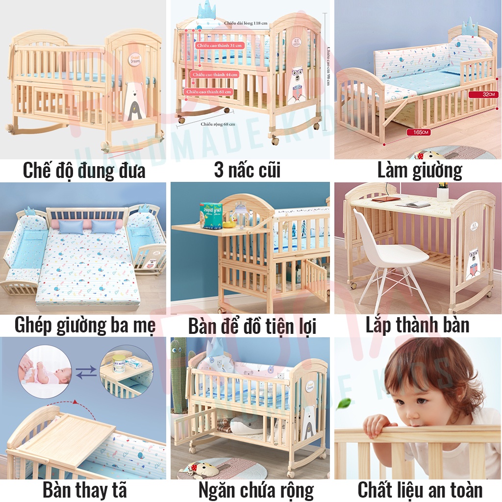 Cũi gỗ đa năng cho bé RUNA KIDS 6 chế độ tiện lợi cho mẹ và bé gỗ thông New Zealand Đệm bông ép bảo hành 3 năm