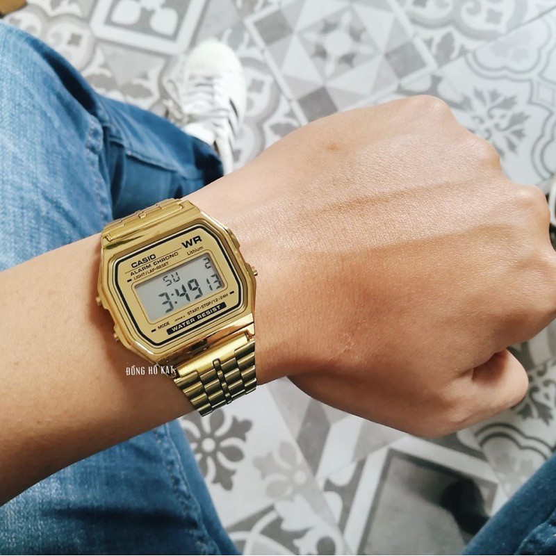 ĐỒNG HỒ ĐIỆN TỬ CASIO A159 MÀU VÀNG DÂY THÉP KHÔNG GỈ SIZE TO NHỎ NAM NỮ