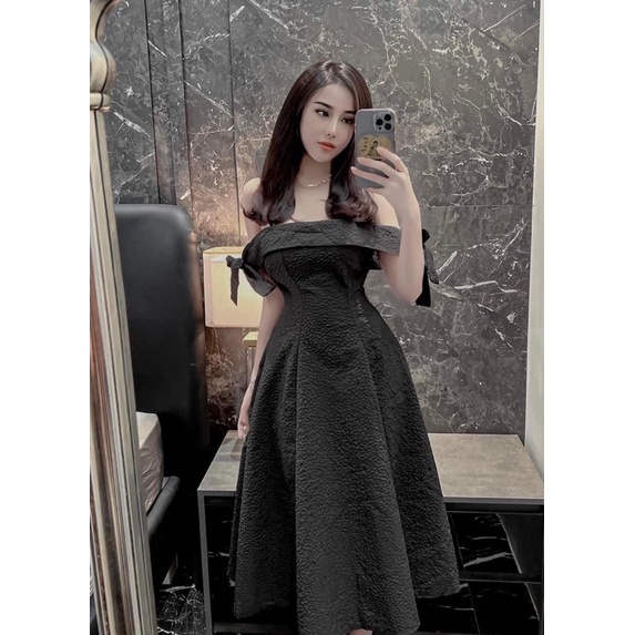 ĐẦM MIDI GẤM RỚT VAI ĐÍNH NƠ HAI MÀU