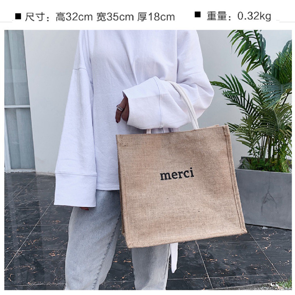 Túi Cói Rộng Rãi Đi Du Lịch Đi Chơi Đi Học Túi Cói MERCI 2 Lớp Dày Dặn Siêu Tiện Dụng HK-006 | BigBuy360 - bigbuy360.vn