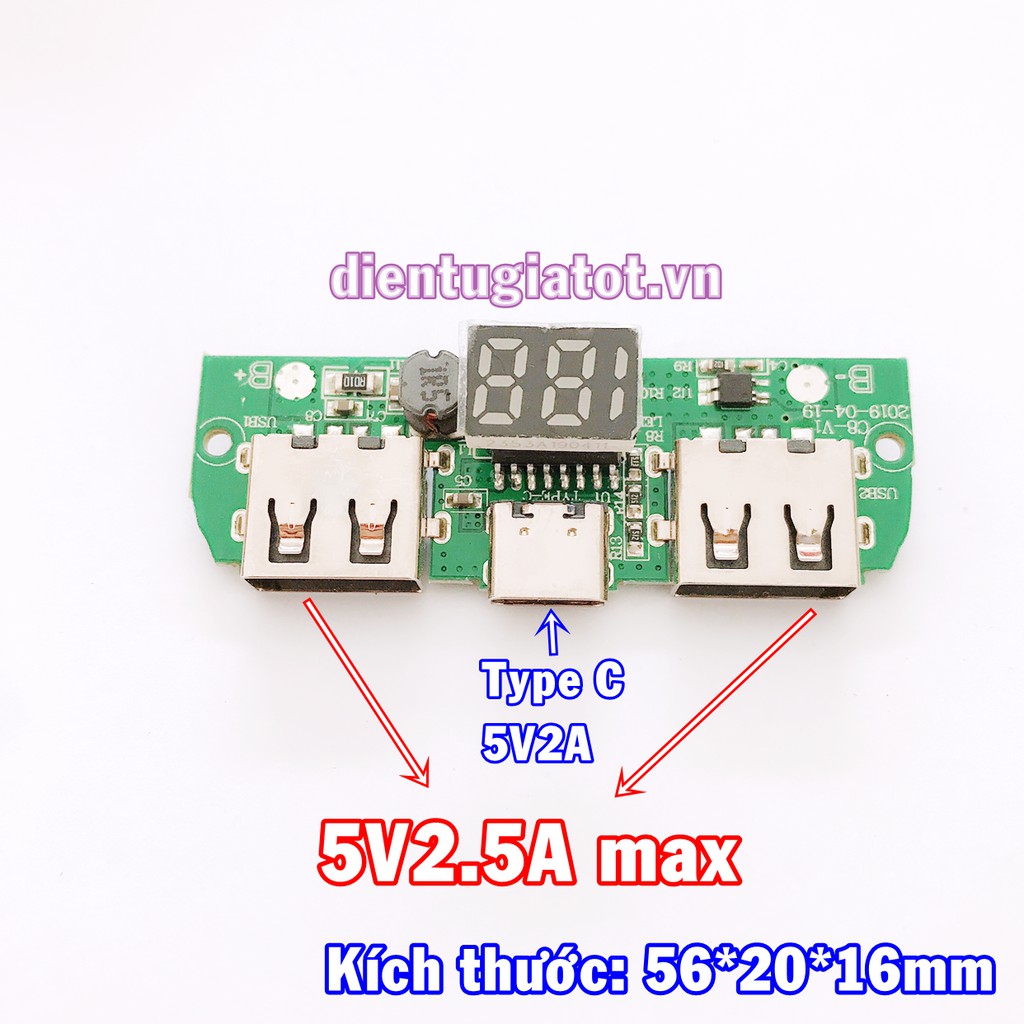 Mạch sạc dự phòng màn LED 5V2.5A 2 cổng, đầu vào type C mới