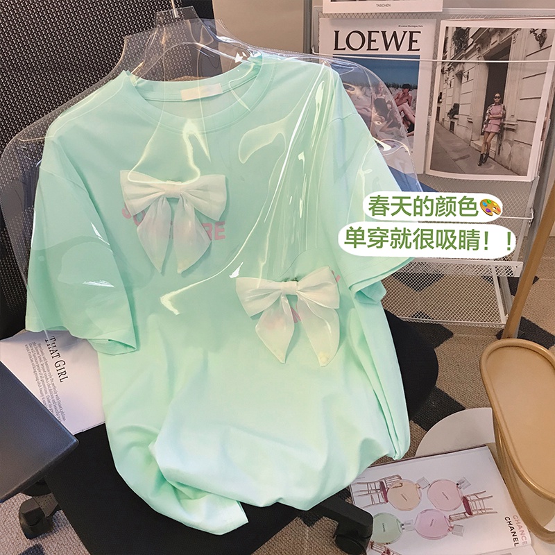 Áo Thun Tay Ngắn 100% Cotton In Họa Tiết + Áo Thun Tay Ngắn Thắt Nơ Trang Trí