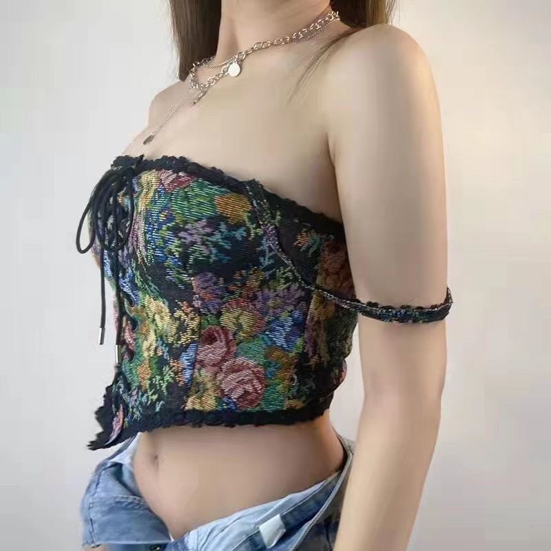 Áo hai dây hoa màu đen phong cách retro Pháp, corset vintage