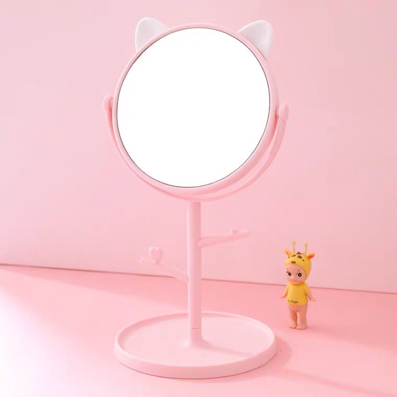 Gương để bàn tai mèo dễ thương kèm móc treo phụ kiện xoay 360 độ