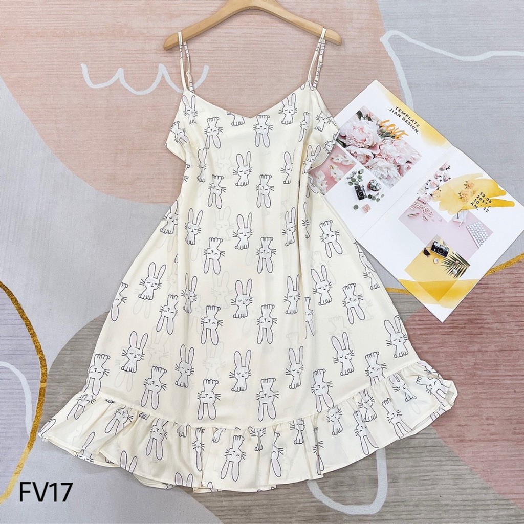 Đầm Ngủ 2 Dây Lụa Satin mềm mịn mát in hình siêu cute (nhiều mẫu)