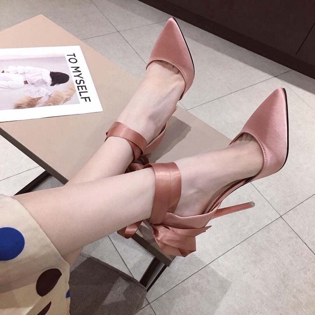 Giày Cao Gót 10cm Da Lộn Mũi Nhọn Đính Nơ Màu Đen Dễ Phối Đồ