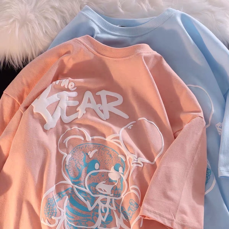 Áo phông nam nữ form rộng 2N Unisex thun cotton in The bear xanh/hồng