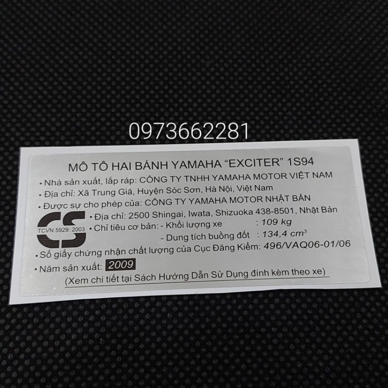 Tem dán càng gắp EXCITER 2009.1S94, Tem thông số năm Sản xuất 135