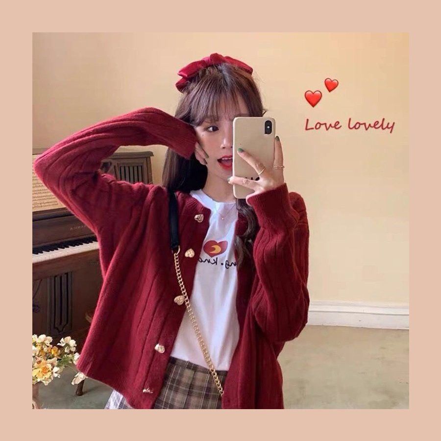 Áo Khoác Len Cardigan Co Dãn Cúc Trái Tim Dáng Lửng Xinh Xắn Học Sinh A00222