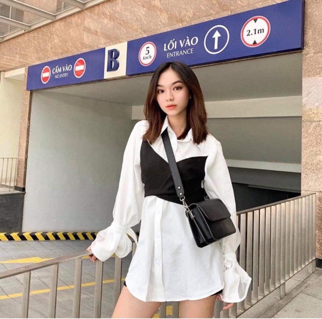 ÁO GIẤU QUẦN DOUBLE SHIRT DÁNG DÀI - ÁO SƠMI LIỀN TAY ĐẮP CHÉO CỘT NƠ ĐEN PHÍA SAU -ĐẦM ulzzang | BigBuy360 - bigbuy360.vn