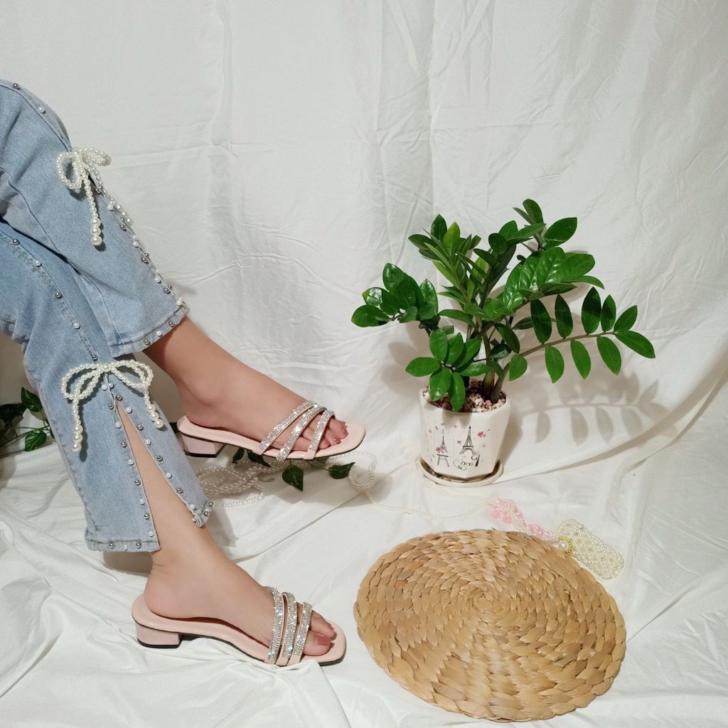 Giày sandal nữ 3cm 3 quai đính đá lấp lánh đi chơi,đi học, đi làm sang chảnh hình chụp thật_tb đá 3p