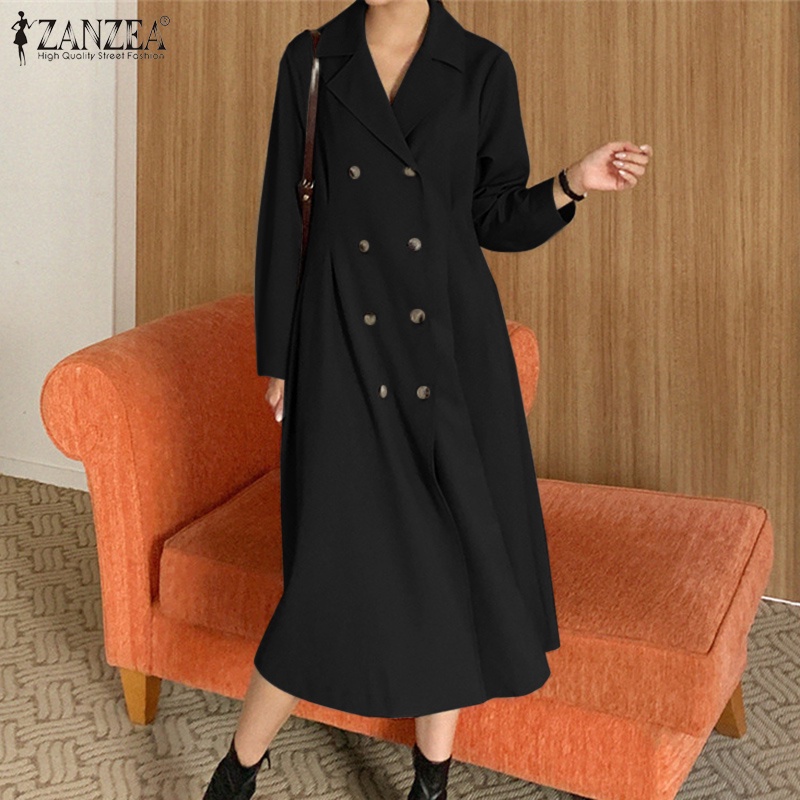 Đầm ZANZEA cổ bẻ hai hàng nút cài phong cách thời trang công sở nữ trang trọng thường ngày