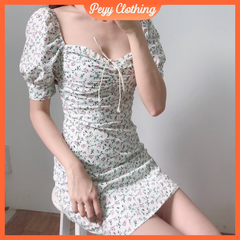 Váy hoa nhí body tay phồng cổ vuông dáng ngắn ulzzang Hàn Quốc, Đầm hoa nhí ôm body ulzzang V20 - Peyy Clothing