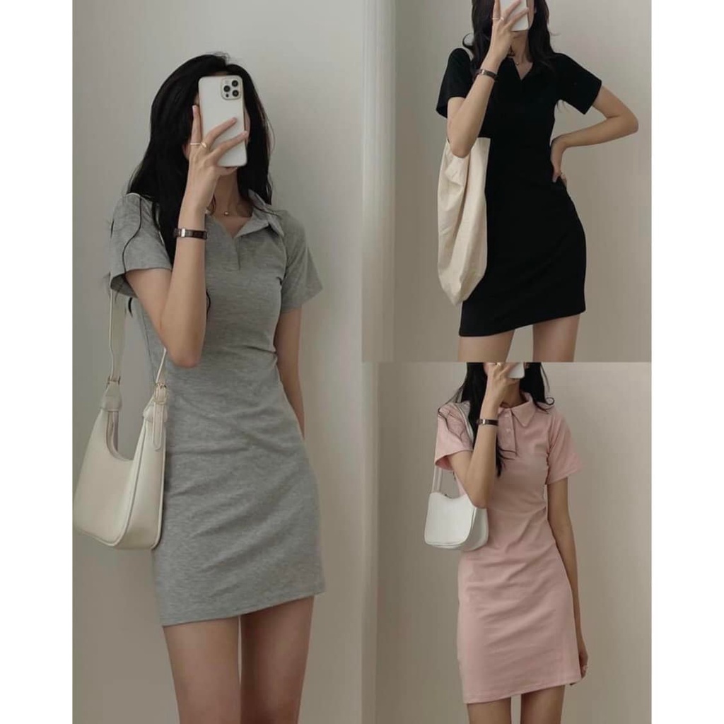 Váy Polo Trơn Pastel PEONYB Nữ [FREESHIP] 🌸 Đầm cổ sơ mi dáng ôm body, thun cộc tay màu ĐEN | HỒNG | XÁM Ulzzang HOT 🌸