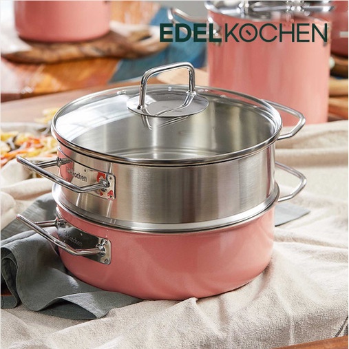 Nồi Edelkochen Solid Hồng kèm xửng hấp Size lớn 24cm Inox Cao Cấp