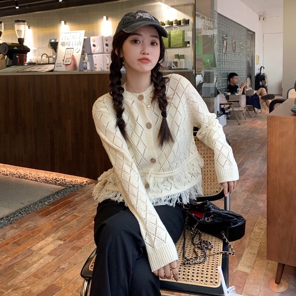 Áo Khoác Cardigan Dệt Kim Tay Dài Dáng Rộng Phối Tua Rua Phong Cách Preppy Dễ Phối Đồ