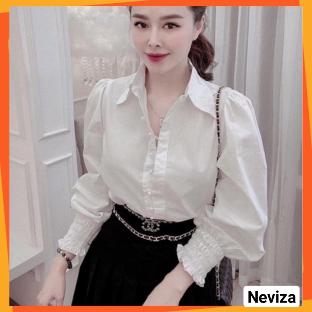Áo sơ mi trắng nữ tay bồng cúc cài Hạt siêu đẹp mặc đi chơi, đi làm, đi học đều đẹp   ASM02