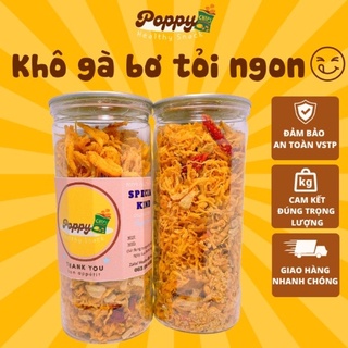Khô gà bơ tỏi đồ ăn vặt ngon POPPY, đậm vị, vệ sinh an toàn thực phẩm, hủ cao cấp 2 nắp, đóng hộp 300g