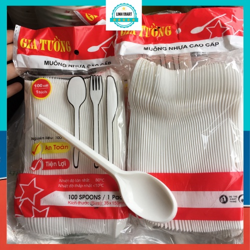 Thìa nhựa Gia Tường gói đủ 100 chiếc, Thìa nhựa dùng một lần LINHMART