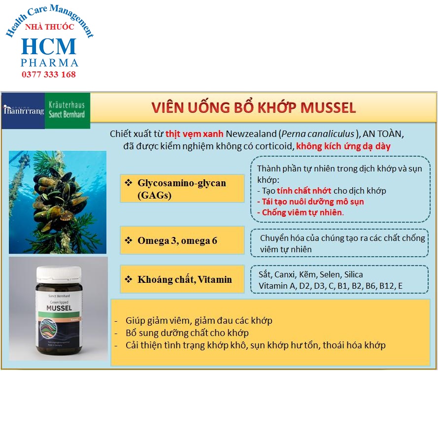 Bổ xương khớp glucosamin Mussel không đau dạ dày hộp 60 viên nhập khẩu Đức TTG09