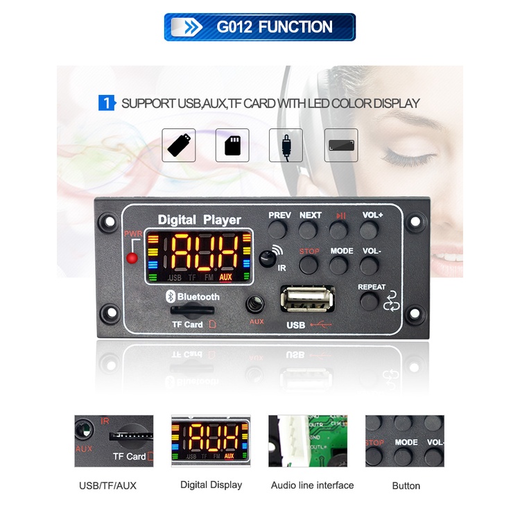 Bảng Mạch Giải Mã DC 12V MP3 Bluetooth5.0 MP3 USB FM AUX Radio Cho Loa Rảnh Tay Cho Xe Hơi