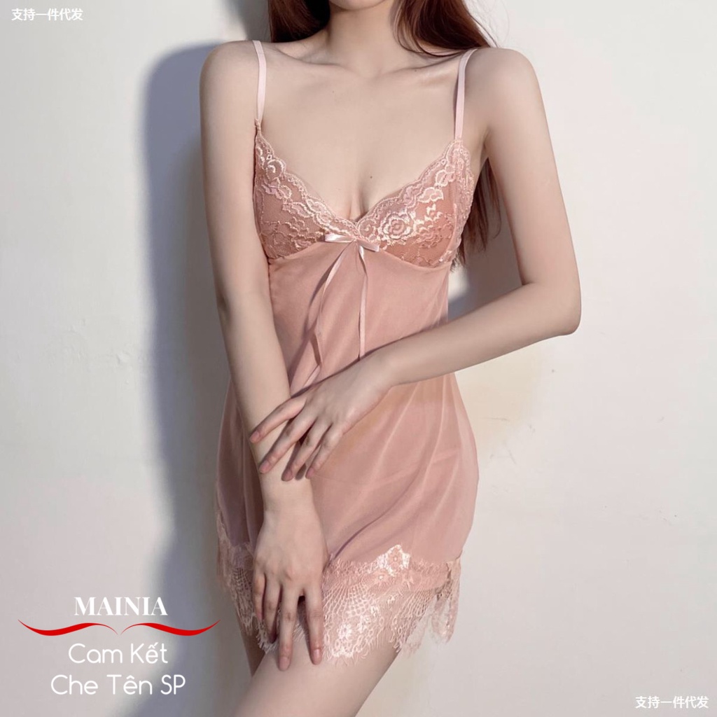 [Size L, XL] Set Đầm Ngủ Ren Voan Kèm Áo Choàng + Chíp Lọt Khe Váy Ngủ Gợi Cảm Sexy Quyến Rũ Mainia Shop