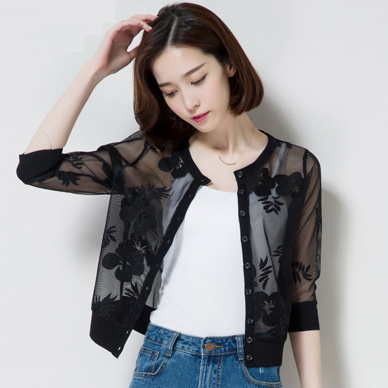 Áo Khoác Ren Cardigan Mỏng Tay Lửng Chống Nắng Dễ Phối Đồ Thời Trang Mùa Hè Cho Nữ