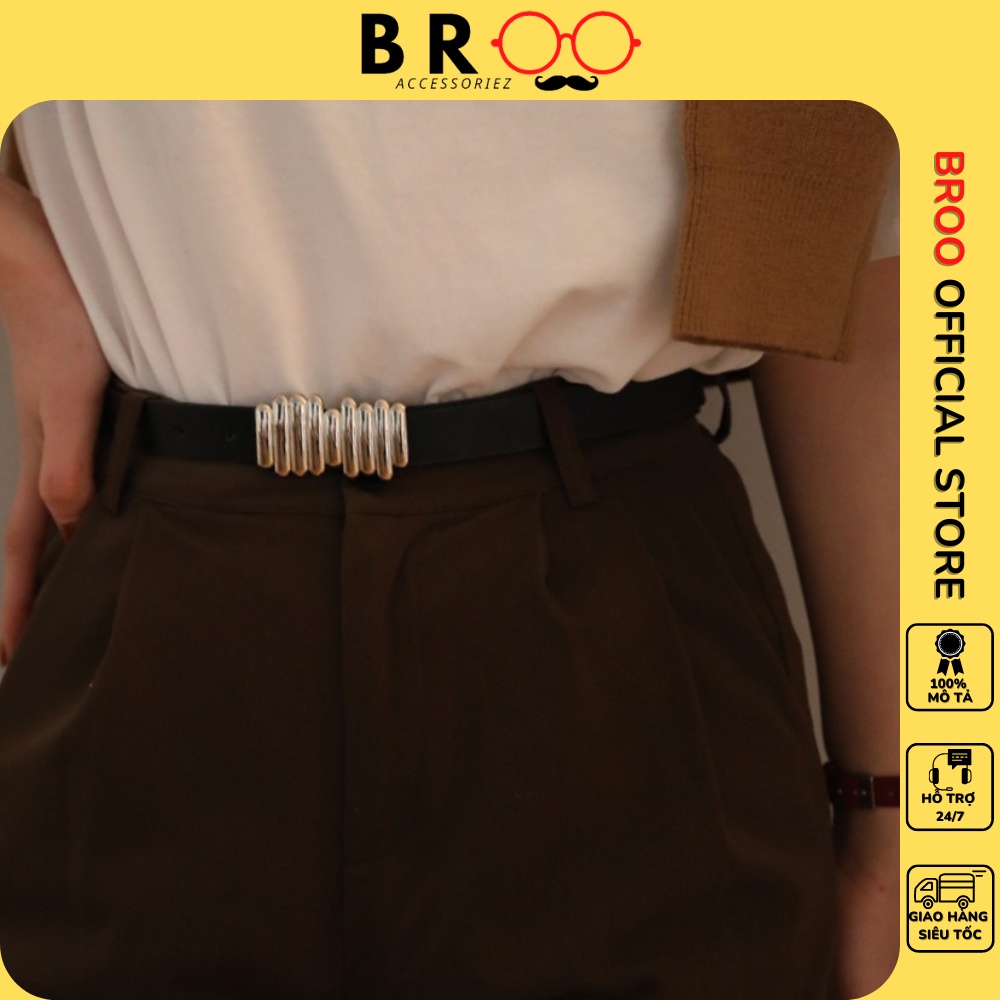 Đai váy thắt lưng nữ BROO mặt vàng bạc dây da đẹp phối blazer, đầm cá tính bản nhỏ 2.3cm