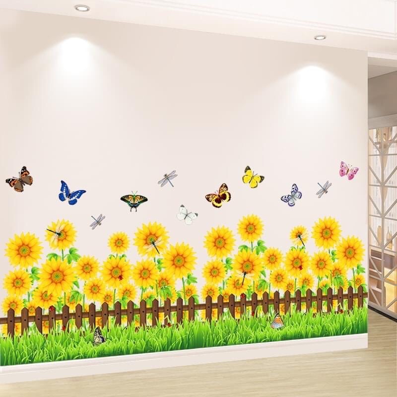 Decal dán chân tường hàng rào hoa hướng dương