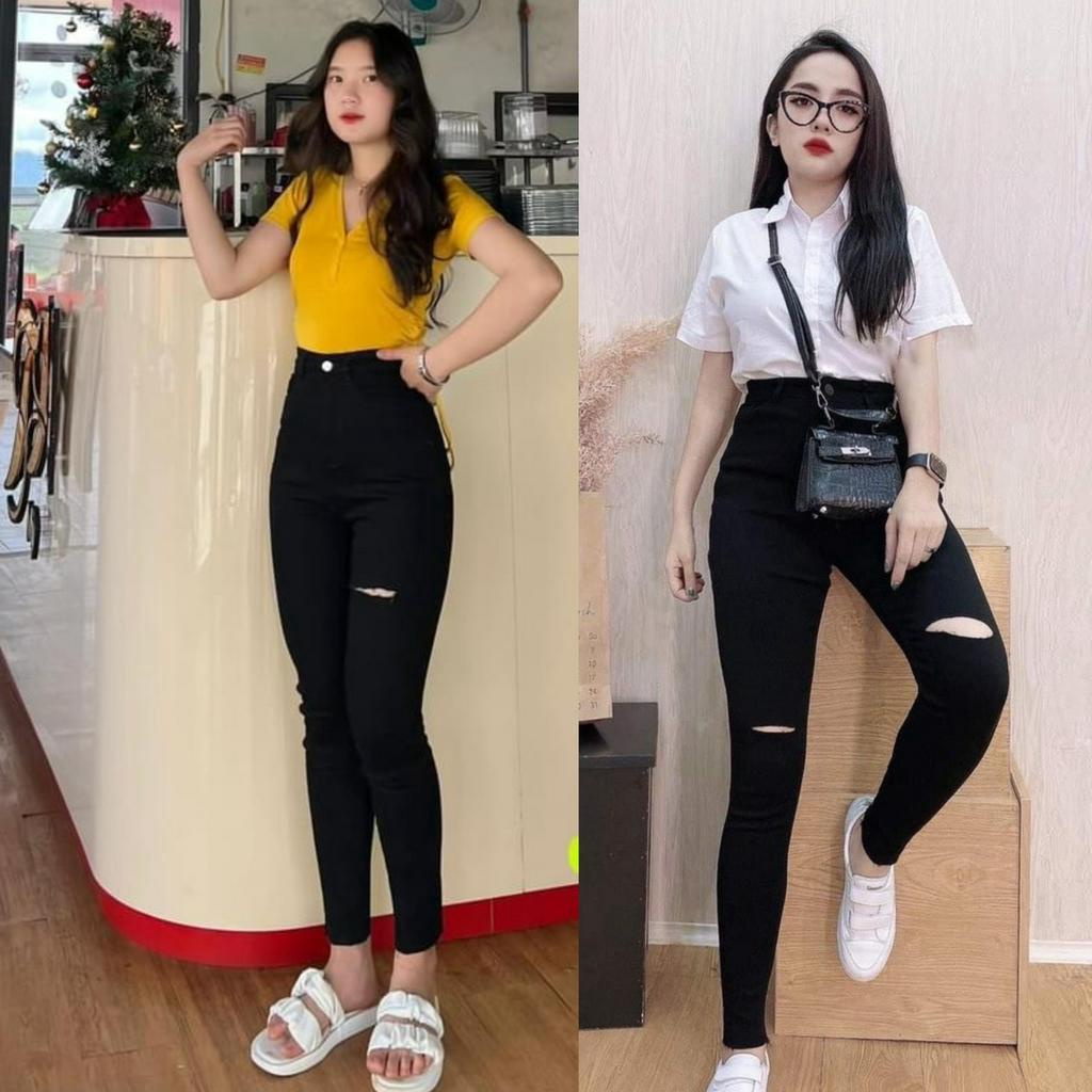 Quần Bò giấy  Skinny Rách Gối Màu ĐEN/ Trắng  Quần skinny 1 khuy Rách gối