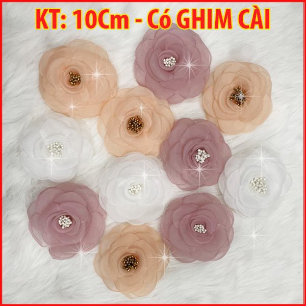 Tag Hoa Trà Voan Cài Áo, Kiểu Cài Áo Hoa Có Ghim, Có Trâm Cài Áo Váy, Cài Áo Hoa Voan Màu Pastel KT 10 CM CH003