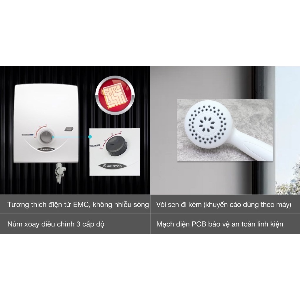Máy nước nóng ARISTON AURES EASY 3.5, máy tắm nước nóng trực tiếp tặng kèm vòi sen bảo hành chính hãng