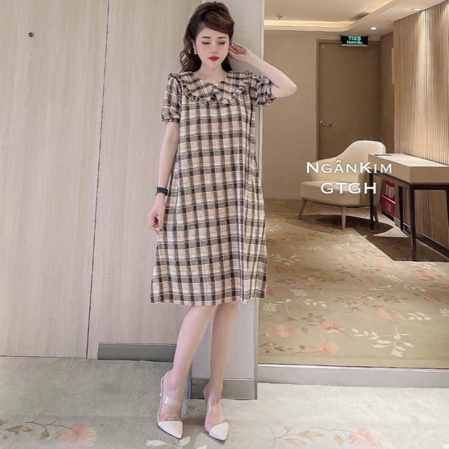 Váy bầu thời trang thiết kế kẻ caro M303 chất Cotton thô freesize từ 45 đến 70kg