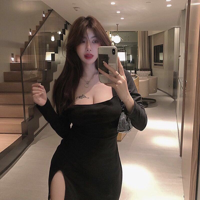 COZOK Đầm nữ tay dài cổ vuông thời trang quyến rũ