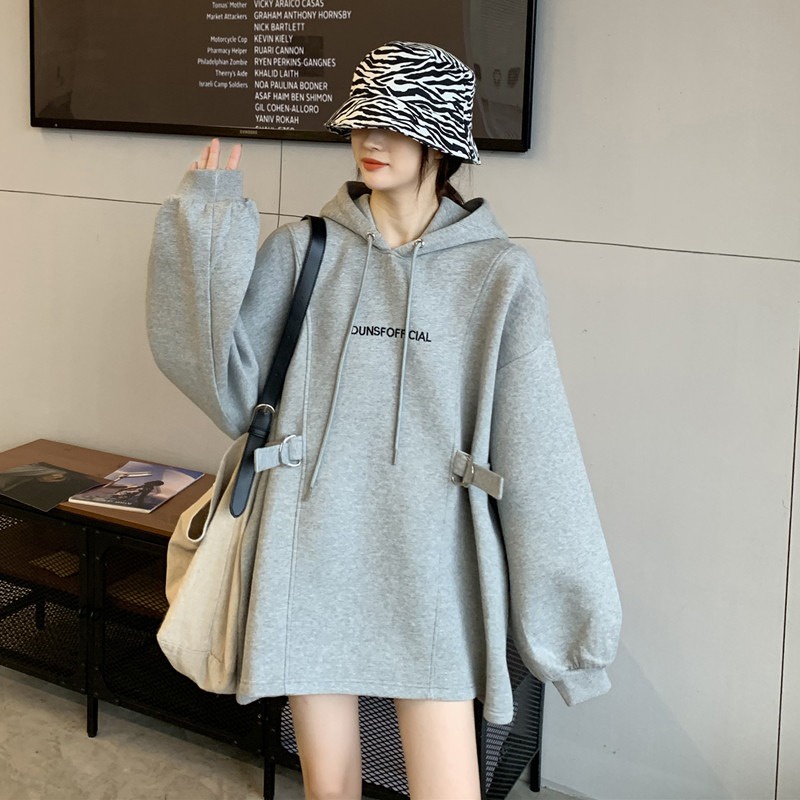Gió LườI Xám Áo Mùa Thu2021Phiên Bản Mới Của Hàn Quốc Lỏng Chữ Thêu Dài Tay Nhung Áo Len Trùm Đầu Nữ