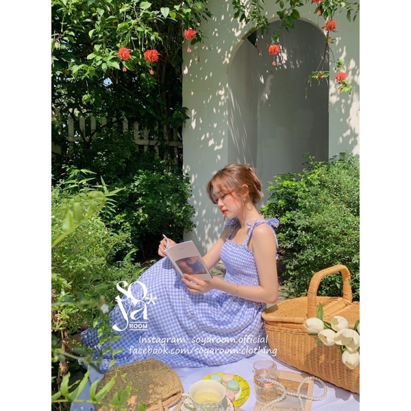 Đầm Caro hai dây nơ, xoè tầng cực tôn da không nhăn - Baby Blue Dress