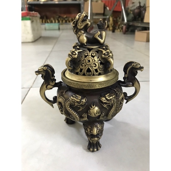 Lư Xông Trầm Đốt Trầm Hương Rồng Nắp Nghê Cỡ To Bằng Đồng Thờ Cúng Phong Thuỷ