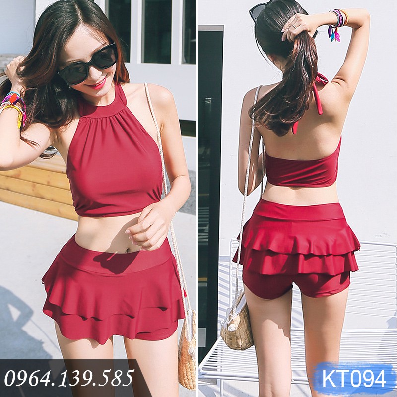 Bikini 2 mảnh áo yếm, quần đùi váy 2 tầng kín đáo, chất bơi đẹp
