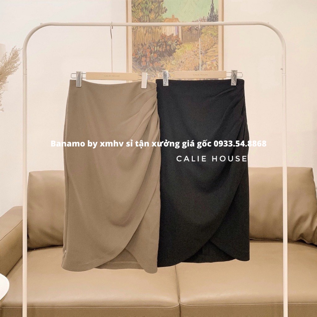 Chân váy vạt lệch xếp ly eo dáng dài thời trang Banamo Fashion chân váy nhún eo 533