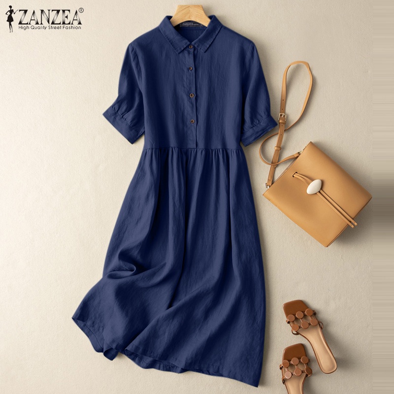 Zanzea Đầm Midi Tay Ngắn Cổ Bẻ Phong Cách Retro Thời Trang Cho Nữ