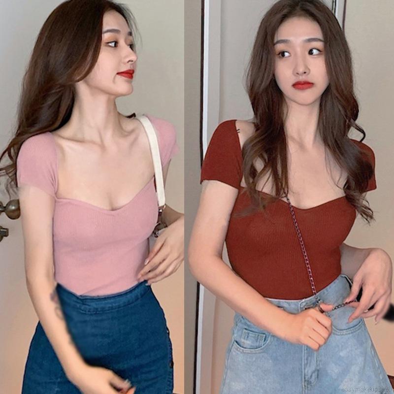 Áo kiểu dệt kim tay ngắn cổ vuông phong cách Hàn Quốc quyến rũ trẻ trung cho nữ | BigBuy360 - bigbuy360.vn