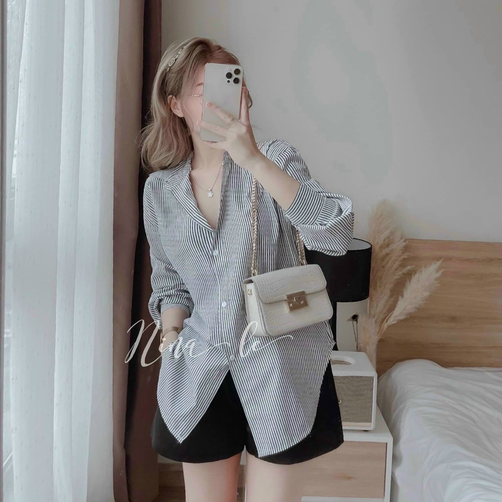 (FreeShip 2022) Sét bộ nữ kẻ sọc from rộng,áo sơ mi lụa tay dài mix quần có túi,hàng chuẩn shop có 3màu hottren