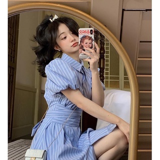 Đầm sơ mi xanh caro công sở có dây buộc eo, video thật