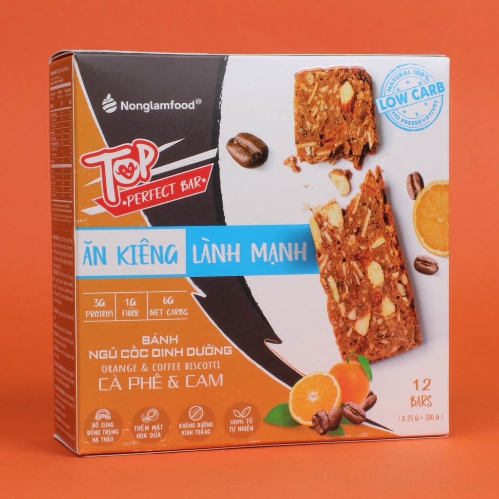 Bánh Biscotti ngũ cốc Top Perfect Bar Nonglamfood Vị Cà Phê &amp; Cam hộp 12 thanh | Ăn Kiêng Không Béo | Dinh Dưỡng