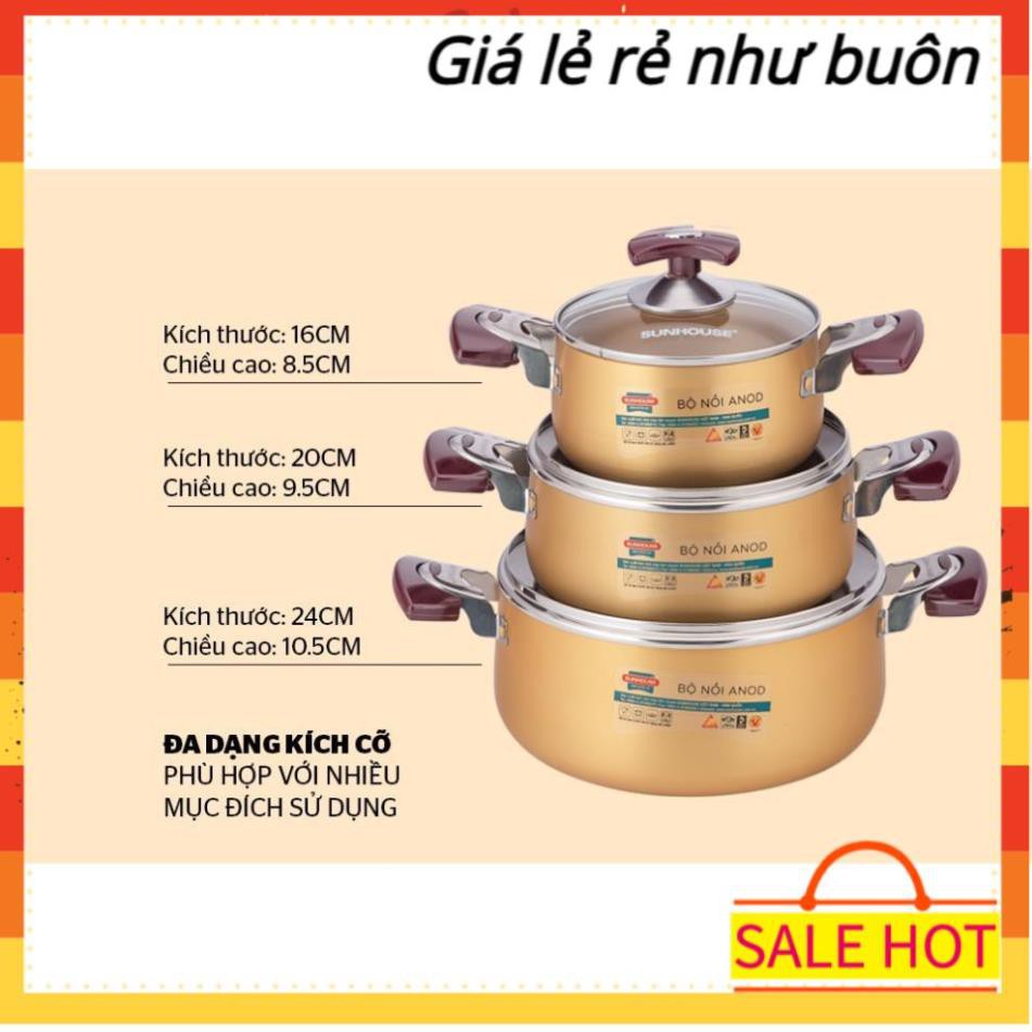 [ Size 16-20-24cm màu vàng] Bộ nồi Anod Sunhouse SH6634 chất liệu nhôm dùng bếp gas bếp hồng ngoại